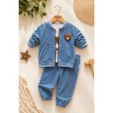 Dinamik çocuk Erkek Bebek Ayıcık Nakışlı 3'lü Takım Denim Kot Görünümlü Fermuarlı Ceket + Badi + Eşofman Altı Mevsimlik Bayramlık 6-9-12-18-24AYLIK - Mavi - 9 - 12 Ay