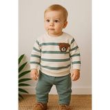 Dinamik çocuk Erkek Bebek Ayıcık Nakışlı Çizgili 2'li Alt Üst Takım Mevsimlik 2 iplik Eşofman Takımı 3-12 Aylık - Nil Yeşili - 3 - 6 Ay