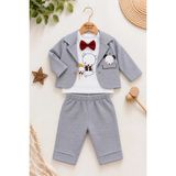 Dinamik çocuk Erkek Bebek Ayıcık Nakışlı Papyonlu Ceket, Sweatshirt ve Pantolon 3'lü Takım Bayramlık 0-3-6AYLIK - 3 - 6 Ay - Gri