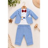 Dinamik çocuk Erkek Bebek Ayıcık Nakışlı Papyonlu Ceket, Sweatshirt ve Pantolon 3'lü Takım Bayramlık 0-3-6AYLIK - 3 - 6 Ay - Mavi