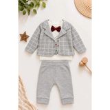 Dinamik çocuk Erkek Bebek Ceket Papyonlu Sweat Eşofman Altı 3lü Takım 0-3-6ay - Gri - 3 - 6 Ay