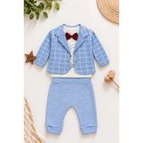 Dinamik çocuk Erkek Bebek Ceket Papyonlu Sweat Eşofman Altı 3lü Takım 0-3-6ay - Mavi - 3 - 6 Ay