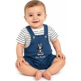 Dinamik çocuk Erkek Bebek Çizgili Tişört+Tavşan Nakışlı Kot Salopet 2'li Yazlık Takım Şortlu Tulum 3-6-9-12-18AYLIK - Mavi - 6 - 9 Ay