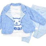 Dinamik çocuk Erkek Bebek Kabartma Bear Ayıcık Nakışlı Ceketli Badili 3lü Alt Üst Takım 0-3-6-9AY - Mavi - 0 - 3 Ay