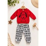 Dinamik çocuk Erkek Bebek Ön-Arka Köpek Baskılı Sweatshirt Yazılı Eşofman Altı 2'li Takım 3-6-9-12AY - 9 - 12 Ay - Kırmızı