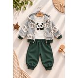 Dinamik çocuk Erkek Bebek Panda Desenli Peluş Kapüşonlu Hırka Sweatshirt Eşofman Altı 3'lü Takım 3-18AYLIK - 12 -18 Ay - Yeşil