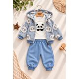 Dinamik çocuk Erkek Bebek Panda Desenli Peluş Kapüşonlu Hırka Sweatshirt Eşofman Altı 3'lü Takım 3-18AYLIK - 6 - 9 Ay - Mavi