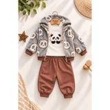 Dinamik çocuk Erkek Bebek Panda Desenli Peluş Kapüşonlu Hırka Sweatshirt Eşofman Altı 3'lü Takım 3-18AYLIK - 9 - 12 Ay - Kiremit