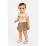 Dinamik çocuk Kız Bebek 2'li Yazlık Takım One Nakışlı Dantelli Tişört ve Fırfırlı Etek Görünümlü Şort (Skort) 6-9-12-18-24 Aylık - 9 - 12 Ay - Kahverengi