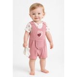 Dinamik çocuk Kız Bebek 3'lü Set Kalpli Nakışlı Ribanalı Salopet Tulum + Kısa Kollu Çıtçıtlı Badi + Beyaz Çorap 3-6-9 Aylık - Lila