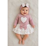 Dinamik çocuk Kız Bebek 3'lü Takım Kalpli Ribanalı Alttan Çıtçıtlı Badi+Fiyonklu Katlı Etek+Bandana 3lü Set 0-12AYLIK - 9 - 12 Ay - Gül Kurusu