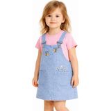 Dinamik çocuk Kız Bebek Arı Nakışlı Kot Görünümlü Jile Elbise + Basic Pamuk T-Shirt 2'li Takım 6-9-12-18-24 Aylık - 18 - 24 Ay - Pembe
