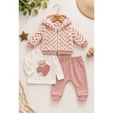 Dinamik çocuk Kız Bebek Ayıcık Kalp Nakışlı Üst Peluş Kapüşonlu Zikzak Desenli Hırka ve Eşofman Altı 3'lü Takım 3-6-9-12-18AYLIK - 6 - 9 Ay - Gül Kurusu