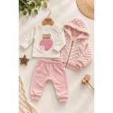 Dinamik çocuk Kız Bebek Ayıcık Kalp Nakışlı Üst Peluş Kapüşonlu Zikzak Desenli Hırka ve Eşofman Altı 3'lü Takım 3-6-9-12-18AYLIK - 9 - 12 Ay - Pembe