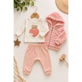 Dinamik çocuk Kız Bebek Ayıcık Kalp Nakışlı Üst Peluş Kapüşonlu Zikzak Desenli Hırka ve Eşofman Altı 3'lü Takım 3-6-9-12-18AYLIK - 9 - 12 Ay - Yavruağzı