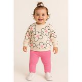 Dinamik çocuk Kız Bebek Büyük Çiçek Desenli 2’li Takım Sweatshirt ve Fitilli Tayt- 3-6-9-12AY - 3 - 6 Ay - Şeker Pembe