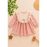 Dinamik çocuk Kız Bebek Dantel Yaka Detaylı Vintage Çiçek Desenli Elbise Mevsimlik Şık Model 3-6-9-12-18-24AY - 6 - 9 Ay - Somon