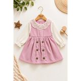 Dinamik çocuk Kız Bebek Dantel Yakalı Fitilli Kadife Uzun Kollu Düğme Detaylı Mevsimlik Elbise 3-6-9-12-18AY - Pembe - 3 - 6 Ay