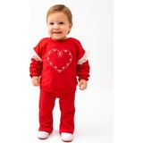 Dinamik çocuk Kız Bebek Kalp Desenli Dantel Kol Detaylı Ispanyol Paça Fitilli Taytlı 2li Takım Alt Üst 6-9-12-18-24AY - Kırmızı - 6 - 9 Ay