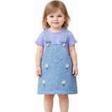 Dinamik çocuk Kız Bebek Kot Görünümlü Esnek Jile 2li Takım Yazlık Elbise Kalp Nakışlı Papatyalı Salopet + Basic Tişört 6-9-12-18-24 Aylık - 9 - 12 Ay - Lila