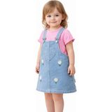 Dinamik çocuk Kız Bebek Kot Görünümlü Esnek Jile 2li Takım Yazlık Elbise Kalp Nakışlı Papatyalı Salopet + Basic Tişört 6-9-12-18-24 Aylık - 9 - 12 Ay - Pembe