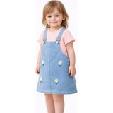 Dinamik çocuk Kız Bebek Kot Görünümlü Esnek Jile 2li Takım Yazlık Elbise Kalp Nakışlı Papatyalı Salopet + Basic Tişört 6-9-12-18-24 Aylık - 9 - 12 Ay - Yavruağzı