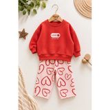 Dinamik çocuk Kız Bebek Love Baskılı Kalp Desenli Geniş Paça 2'li Alt Üst Sweatshirt Eşofman Takımı 9-12-18-24 Aylık - 12 Ay - Kırmızı