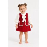 Dinamik çocuk Kız Bebek Tül Kol Detaylı Kadife Elbise Fiyonklu Çiçek Detaylı Şık Elbise 6-9-12-18-24 Aylık - Kırmızı - 6 - 9 Ay
