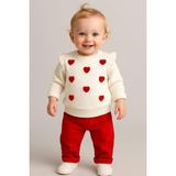 Dinamik çocuk Kız Bebek/çocuk Love Kalp Nakışlı Omuzdan Çıtçıtlı Bebek Takımı 2li Alt Üst Mevsimlik Aylık 3-6-9-12 - Kırmızı Kalpli - 9 - 12 Ay