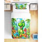 Dino Dinozor 3D Dijital Baskılı Tek Kişilik Erkek Çocuk Çarşafsız Nevresim Takımı - Yeşil - 160 x 220 cm