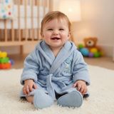 Dinozor Kapüşonlu Mavi Erkek Bebek Bornoz Seti - 0 - 1,5 Yaş