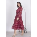 Dip Moda kadın astarlı etnik desenli şifon elbise RSDP002 - Bordo
