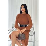 Dip Moda kadın astarlı kemer detaylı piliseli elbise KKLF14 - Kiremit