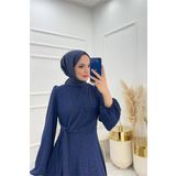Dip Moda kadın bağlama detaylı jakarlı tesettür elbise NMS044