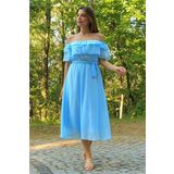 Dip Moda kadın bebe mavisi kuşaklı madonna yaka baby shower elbise DP8060