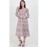 Dip Moda kadın bej desenli kare yaka gipeli şifon elbise DP100361