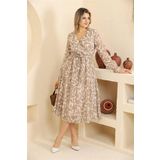 Dip Moda kadın bej desenli şifon elbise RSSN32