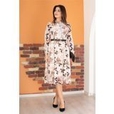 Dip Moda kadın bej gömlek yaka kemerli çiçek desenli şifon elbise RY0031