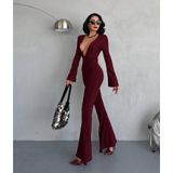 Dip Moda kadın bordo dekolteli novel sim maxi tulum DPDF118