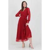 Dip Moda Kadın Bordo Yeni Sezon Astarlı Kruvaze Yaka Uzun Şifon Elbise DP003 - 2XL