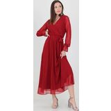 Dip Moda Kadın Bordo Yeni Sezon Astarlı Kruvaze Yaka Uzun Şifon Elbise DP003