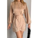 Dip Moda kadın camel kuşaklı mini boy saten elbise DPKKLF2021