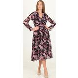 Dip Moda kadın çiçek desenli kuşaklı kruvaze şifon elbise RSSN16