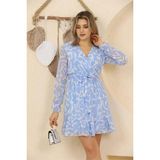 Dip Moda kadın desenli mini şifon elbise RSSN37 - Mavi