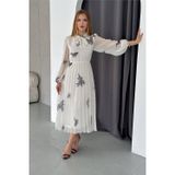 Dip Moda kadın ekru pileli desenli yazlık şifon elbise DPQ006