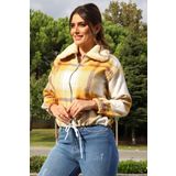 Dip Moda Kadın Fermuar Detaylı Cepli Ekose Bomber Ceket Yakası Kürklü DP7142