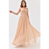 Dip Moda kadın gold v yaka simli tül abiye elbise DPS9223