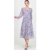 Dip Moda kadın gri kalp yaka yeni sezon desenli şifon elbise RY0030