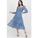 Dip Moda kadın indigo gipeli kare yaka desenli şifon elbise DP100361