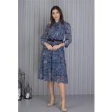 Dip Moda Kadın Indigo Kemerli Omuzları Gipeli Desenli Şifon Elbise APCX04